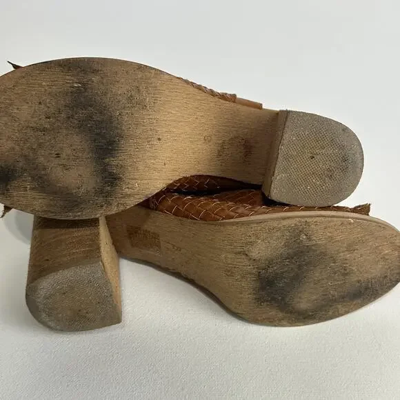 Rebels Woven Brown Block Heel Peep Toe Elastic Slingback Sandals Size 8 - Picture 6 of 7